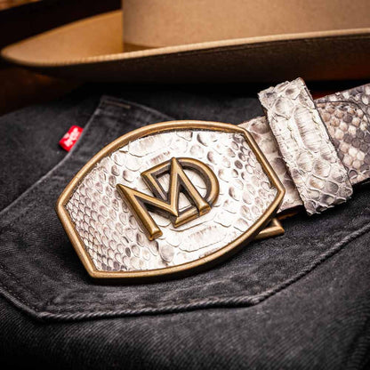 Arkansas Genuine Python Skin Western Belt in Natural with Antique Western Buckle | Marco Di Milano Exotic Belt