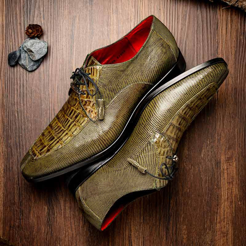 Merida Genuine Caiman and Lizard Skin Olive Green Dress Derby | Marco Di Milano