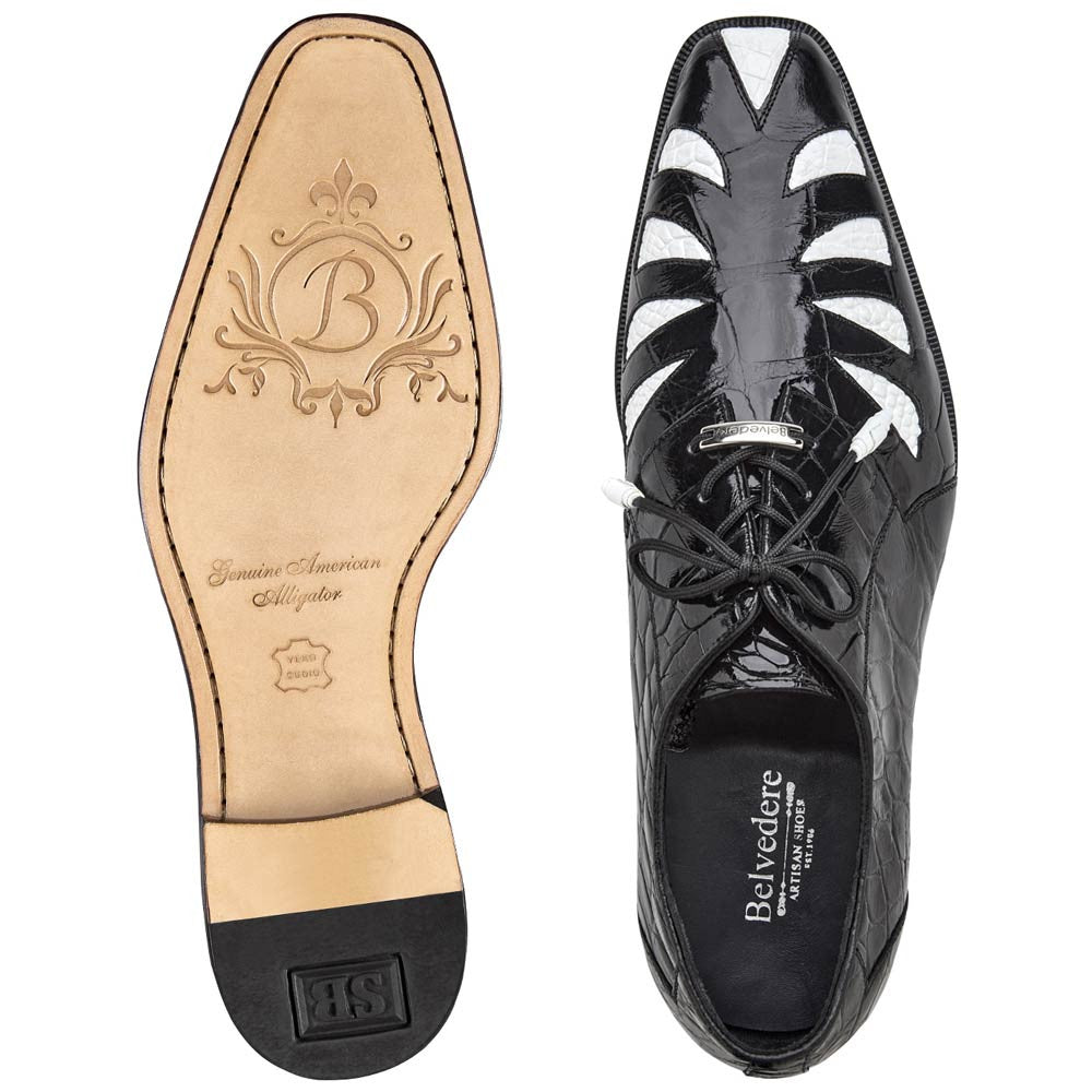 Belvedere Men’s Genuine American Alligator Black and White Lace-Up Dress Shoes - Simone