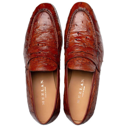 Mezlan Nogales Moc Toe Brandy Ostrich Leather Penny Loafer Dress Shoes