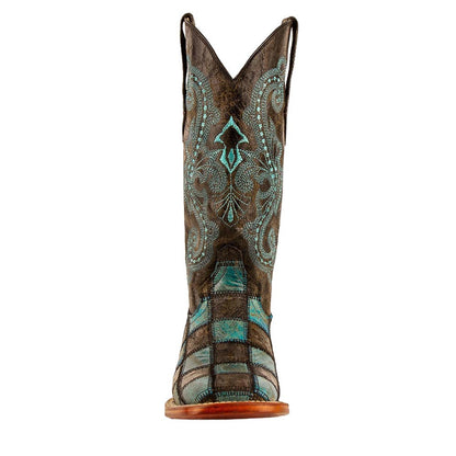Ferrini Patchwork Ladies Black/Teal Full Grain Square Toe Leather Boots