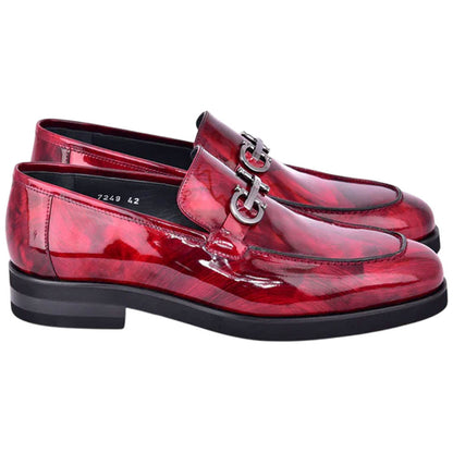 Men’s Glossy Finish Marble Red Low Cut Buckle Round Toe Loafer By Corrente