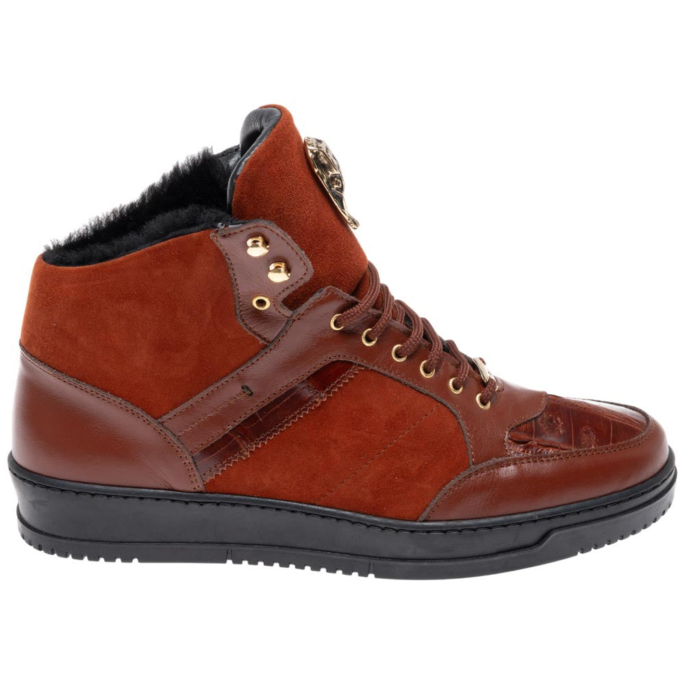 Mauri Men's Baby Crocodile Skin & Suede Leather Red JACKED Sneaker (US Men Size)