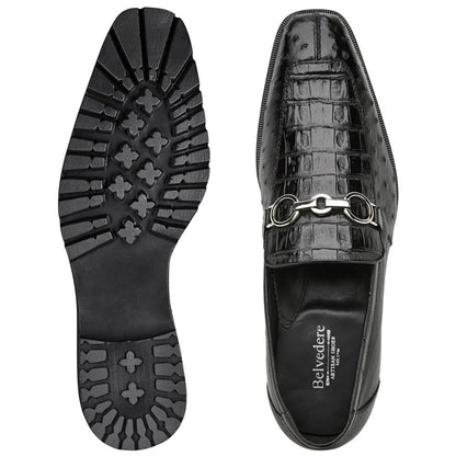 Belvedere Men’s Genuine Caiman and Ostrich Quill Black Loafer - Corso