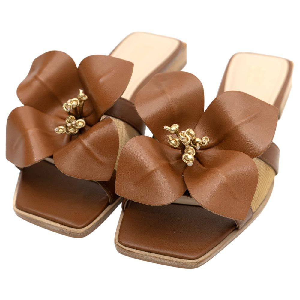 Lady Couture Women's Blossom Brown Leather Slide Sandals
