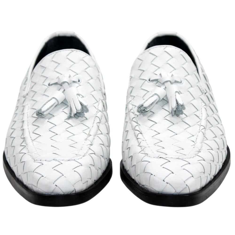 DUCA Tirrenea White Men's Italian Woven Leather Tassel Loafers