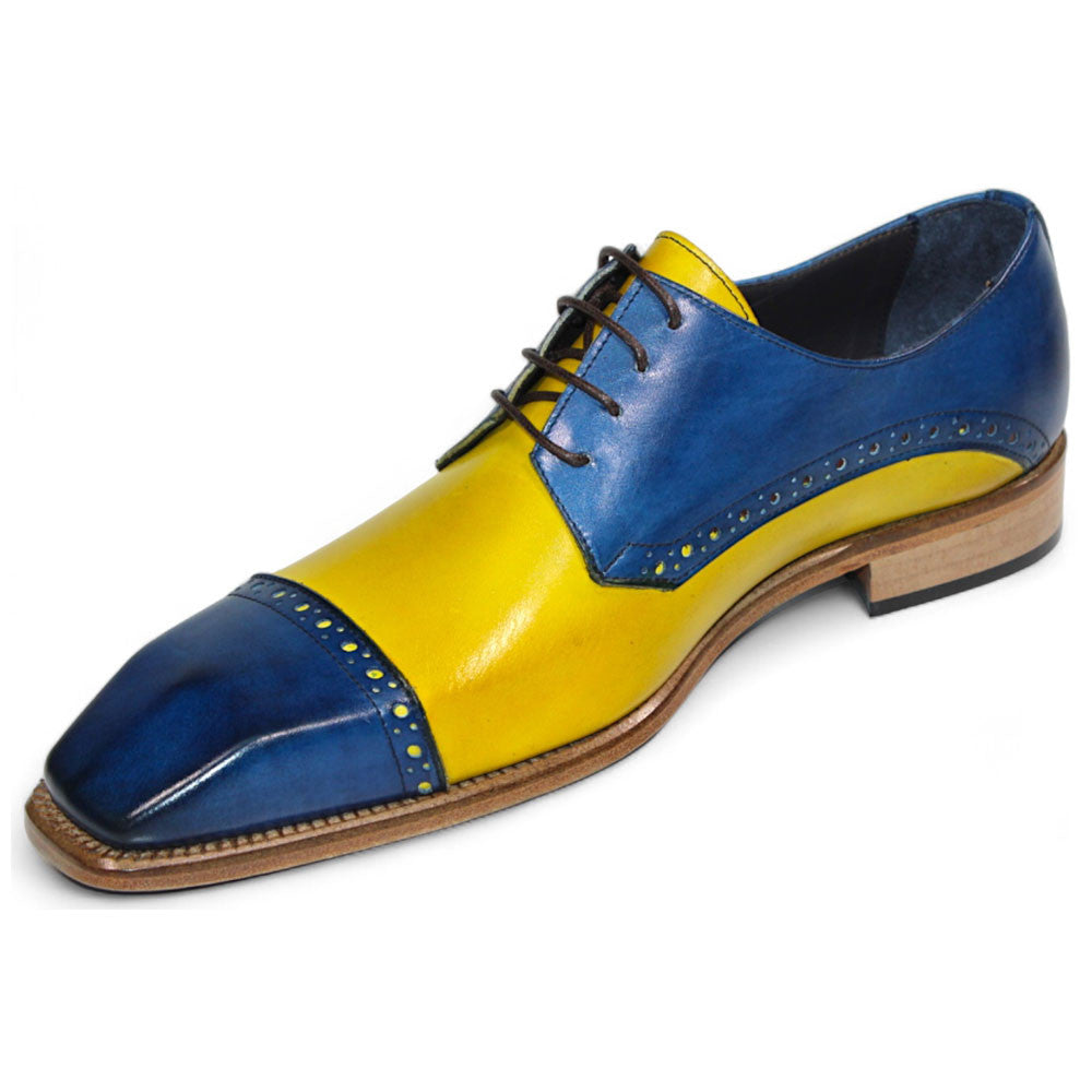 Duca Lombardi Men's Ocean Blue/Yellow Calf-Skin Leather Oxfords Shoes