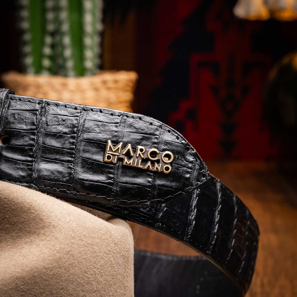 Iowa Genuine Caiman Crocodile Skin Belt in Black with Antique Western Buckle | Marco Di Milano Exotic Belt