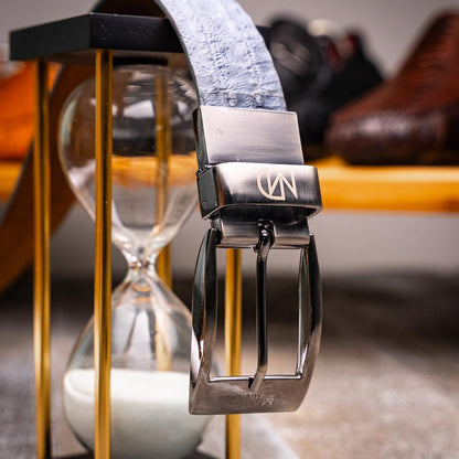 Silvio Genuine Caiman Fuscus-Back Gray Belt with a Silver Buckle | Marco Di Milano Exotic Belt