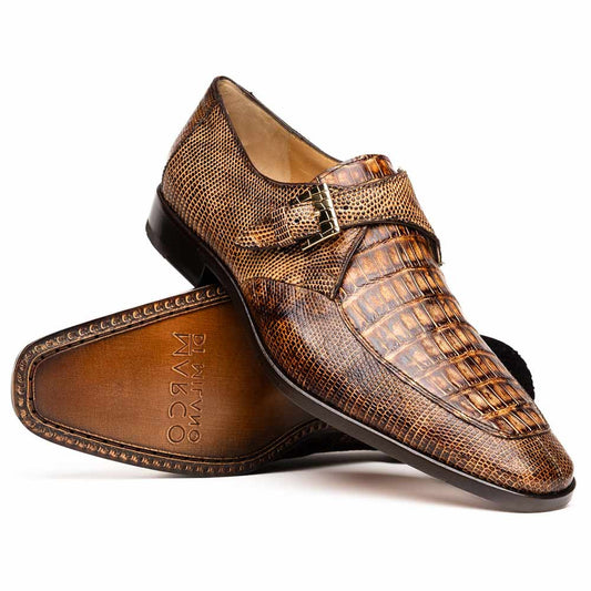 Toluca Genuine Crocodile and Lizard Skin Monk Strap | Marco Di Milano Exotic Dress Shoes in Rustic Orix