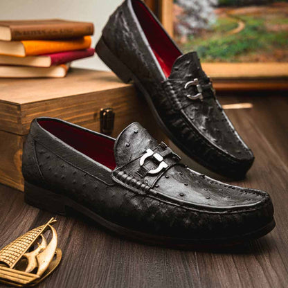 Ferrioni Black Men’s Genuine Ostrich Moc Toe Bit Loafers | Marco Di Milano