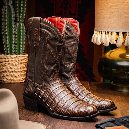 Phoenix Genuine Caiman Belly Skin Aged Brown Cowboy Boot | Marco Di Milano Western Boots