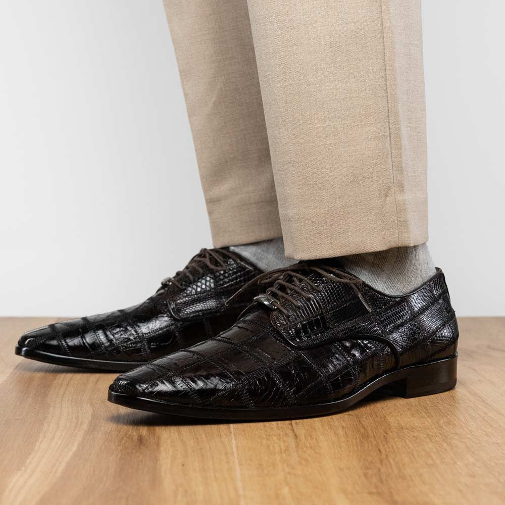 Pissa Brown Men’s Genuine Crocodile and Lizard Skin Patchwork Derby