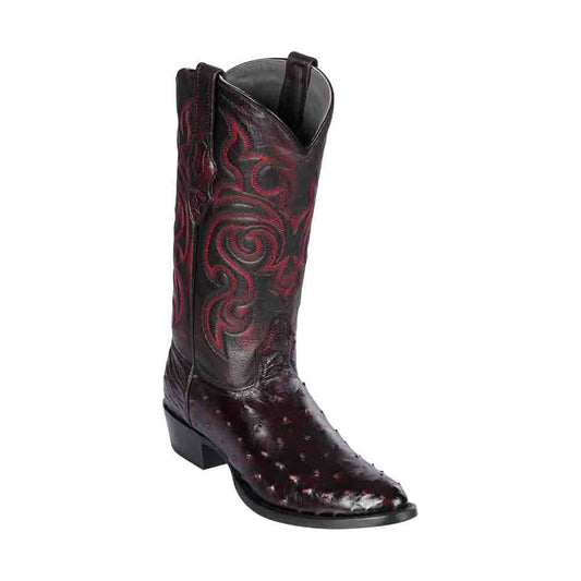 Los Altos Black Cherry Round Toe Genuine Ostrich Skin Boots - shoeclassix.com