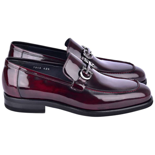 Men’s Glossy Finish Dark Burgundy Low Cut Buckle Round Toe Loafer By Corrente - shoeclassix.com