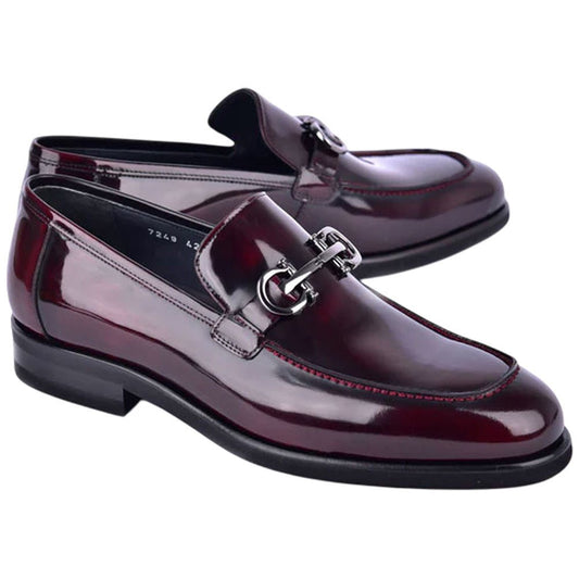 Men's Glossy Finish Dark Burgundy Low Cut Buckle Round Toe Loafer By Corrente - shoeclassix.com