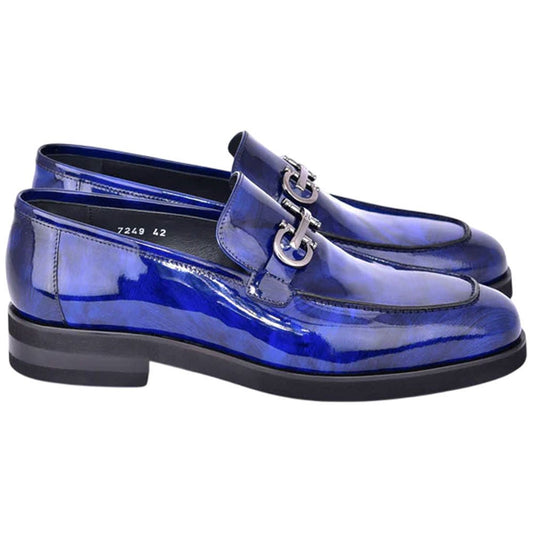 Men’s Glossy Finish Marble Blue Low Cut Buckle Round Toe Loafer By Corrente - shoeclassix.com