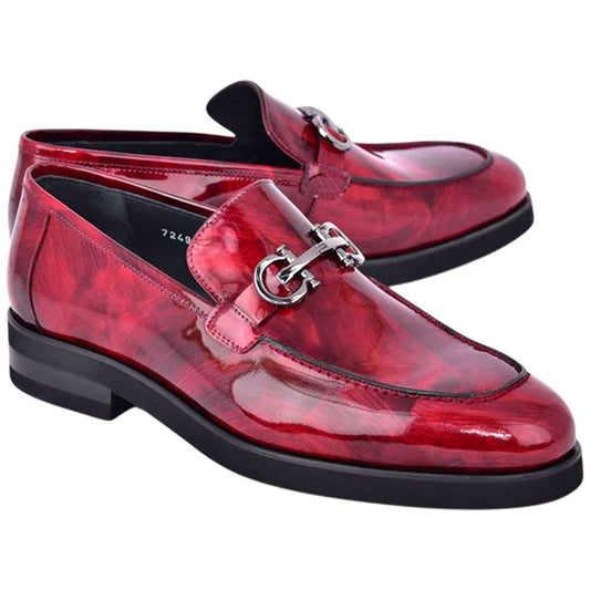 Men’s Glossy Finish Marble Red Low Cut Buckle Round Toe Loafer By Corrente - shoeclassix.com