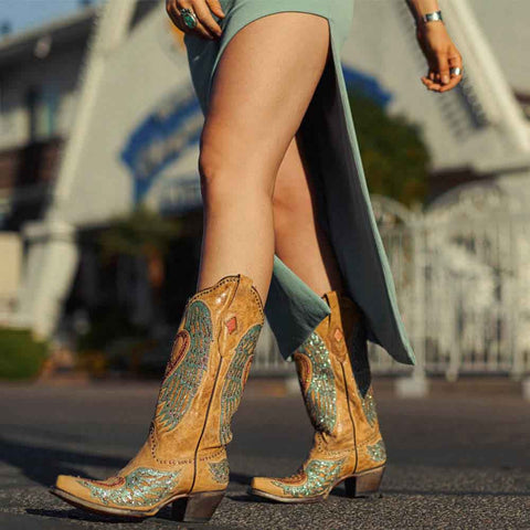 Corral Sand Heart embroidered and crystal studded leather boots for women