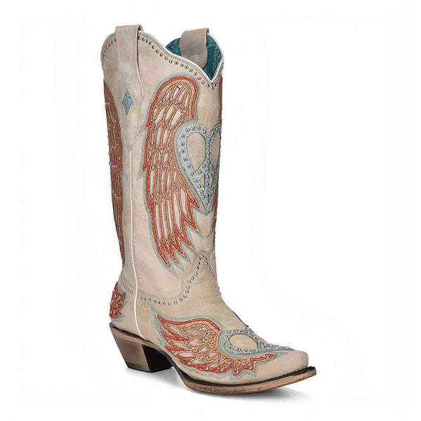 Corral Bone Heart and Wings Overlay embroidered and crystal studded leather boots