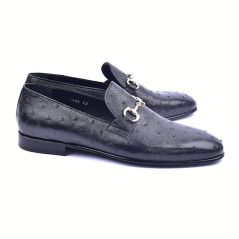 Corrente Genuine Ostrich Leather Silver Wow Bit Buckle Black Loafers