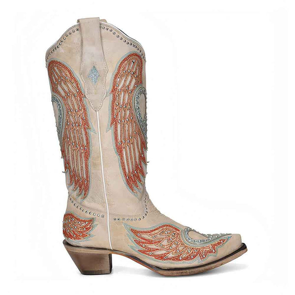 Corral Bone Heart and Wings Overlay embroidered and crystal studded leather boots