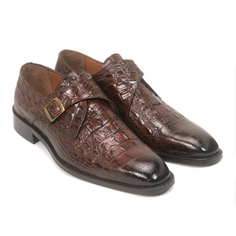 Golden Pass Crocodile Print Tabac Monk Buckle Leather Sole Men's Shoes