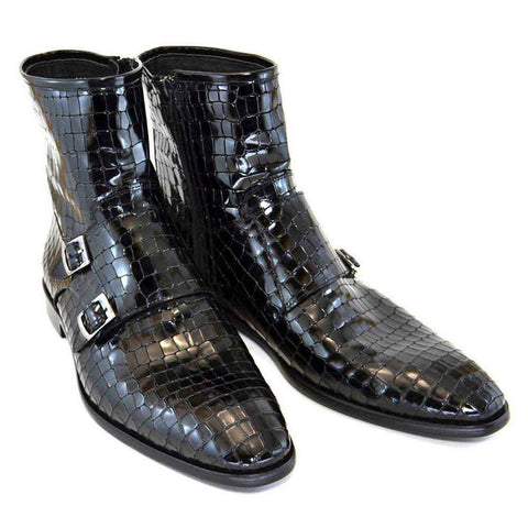 Corrente Black Leather Crocodile Print Men’s Double Buckle Zipper Boot