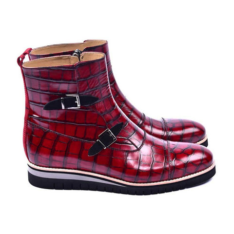 Corrente Red Levi Crocodile Printed Calfskin Leather Ankle Boots
