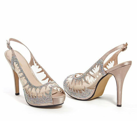Lady Couture Dream Champagne Jewled Mesh Sling Back Heels