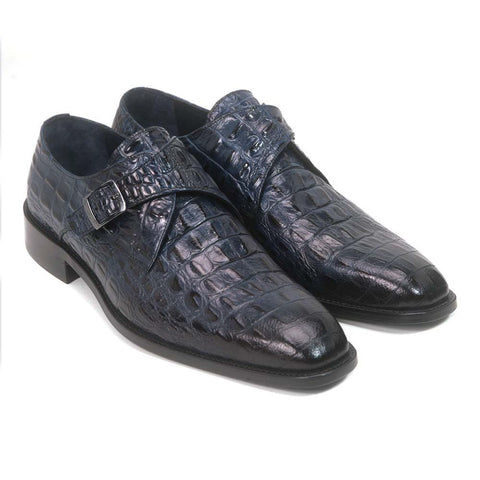 Golden Pass Crocodile Print Blue Monk Buckle Leather Sole Men's Shoes