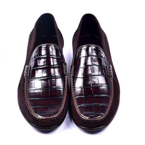 Corrente Jon Dark Brown Crocodile Print Leather & Suede Loafer for men